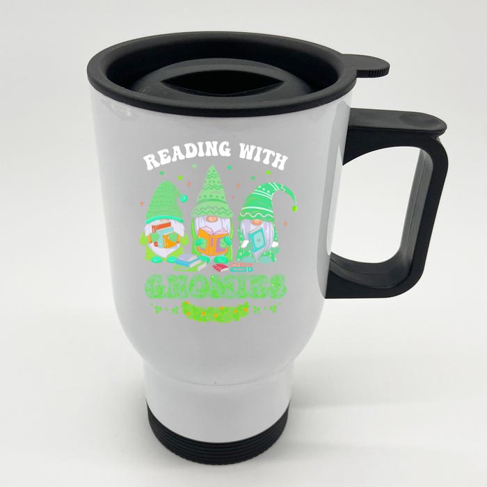 Reading With Gnomies Books Lover Librarian St Patrick's Day Gift Front & Back Stainless Steel Travel Mug