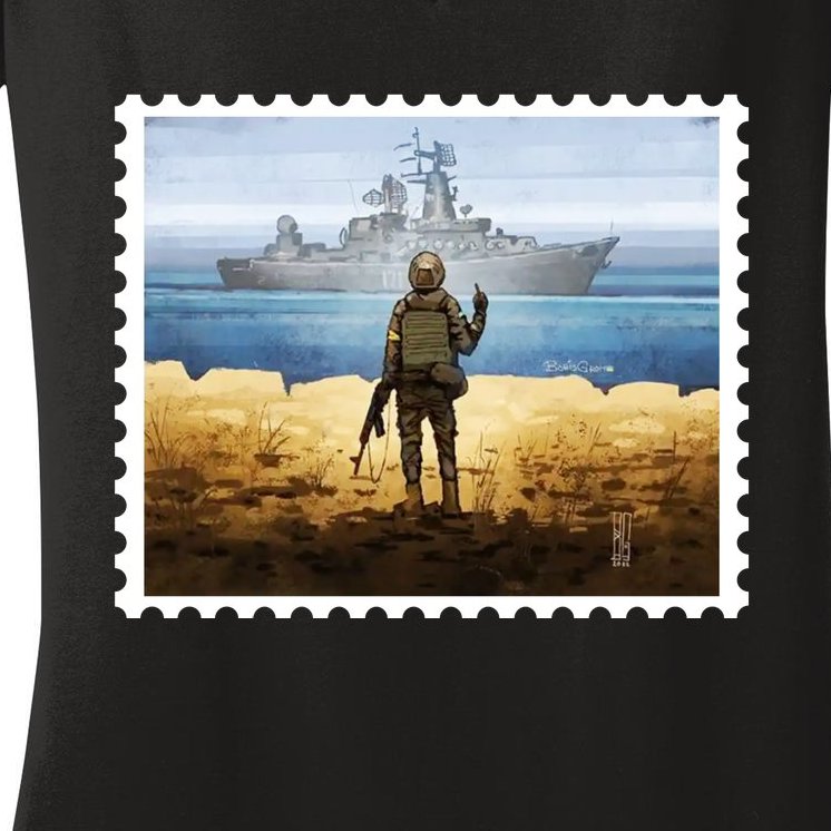 Russian Warship Go F Yourself Ukraine Postage Stamp Ukrainian Pride Women's V-Neck T-Shirt
