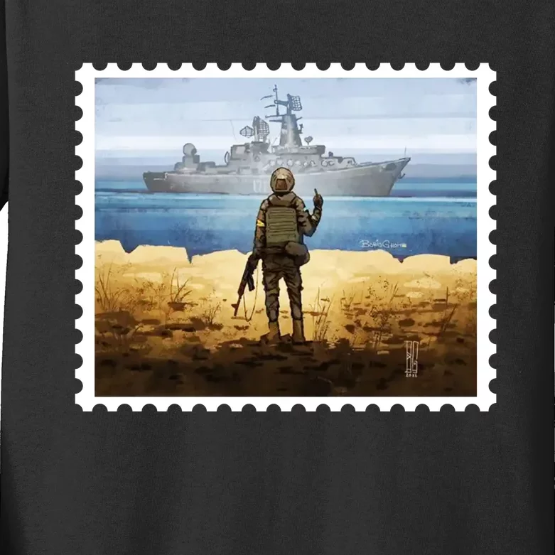 Russian Warship Go F Yourself Ukraine Postage Stamp Ukrainian Pride Kids Long Sleeve Shirt