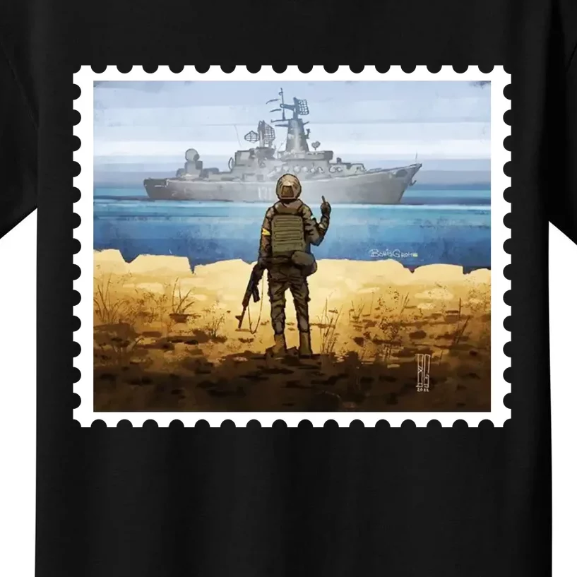 Russian Warship Go F Yourself Ukraine Postage Stamp Ukrainian Pride Kids T-Shirt