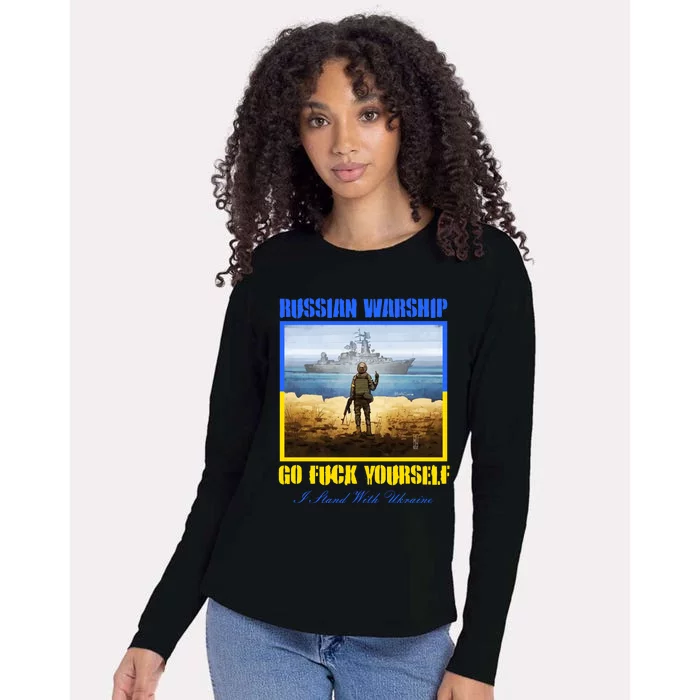 Russian Warship Go F Yourself I Stand With Ukraine Postage Stamp Womens Cotton Relaxed Long Sleeve T-Shirt