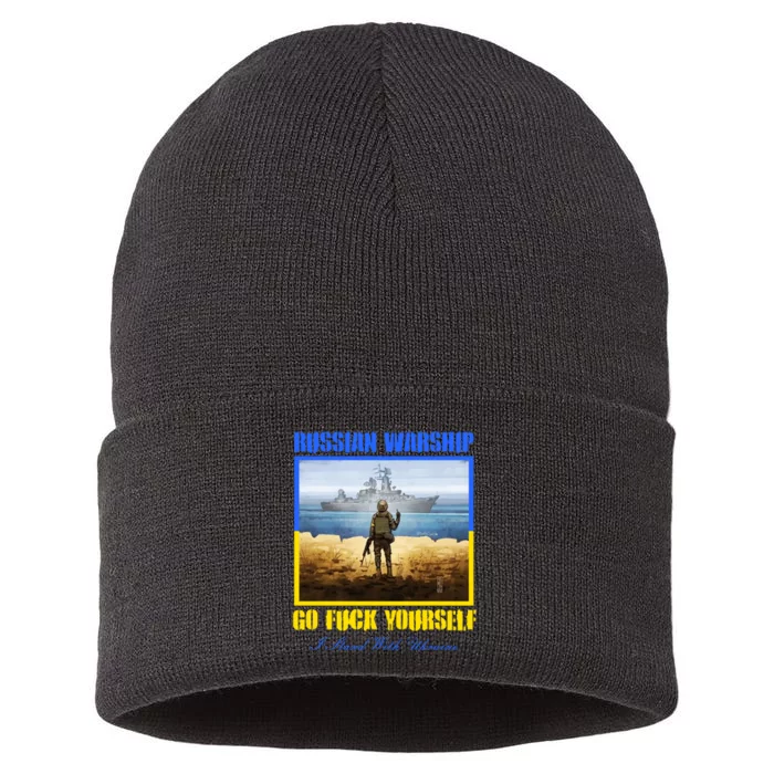 Russian Warship Go F Yourself I Stand With Ukraine Postage Stamp Sustainable Knit Beanie