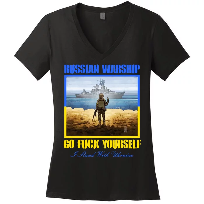 Russian Warship Go F Yourself I Stand With Ukraine Postage Stamp Women's V-Neck T-Shirt