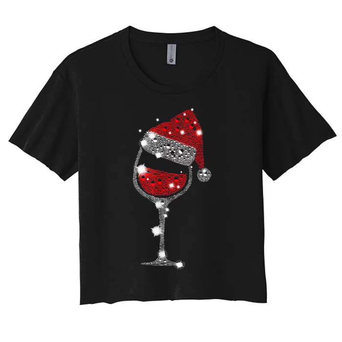 Red Wine Glass Christmas Tee Funny Santa Hat Xmas Gift TShirt Women's Crop Top Tee