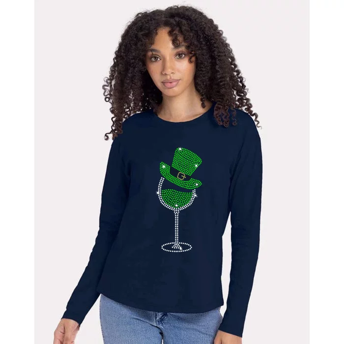 Rhinestone Wine Glasses Drinking St Patricks Day Girl Women Womens Cotton Relaxed Long Sleeve T-Shirt