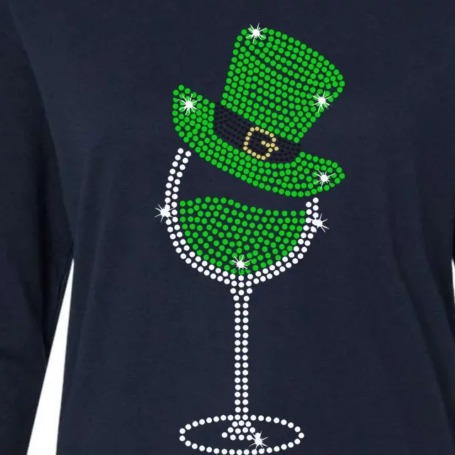 Rhinestone Wine Glasses Drinking St Patricks Day Girl Women Womens Cotton Relaxed Long Sleeve T-Shirt