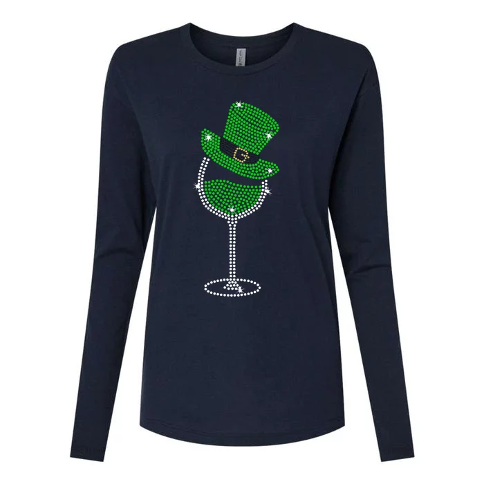 Rhinestone Wine Glasses Drinking St Patricks Day Girl Women Womens Cotton Relaxed Long Sleeve T-Shirt