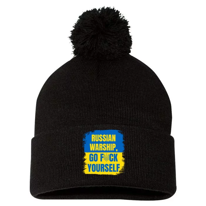 Russian Warship Go F Yourself Ukraine Last Words Ukrainian Flag Pom Pom 12in Knit Beanie