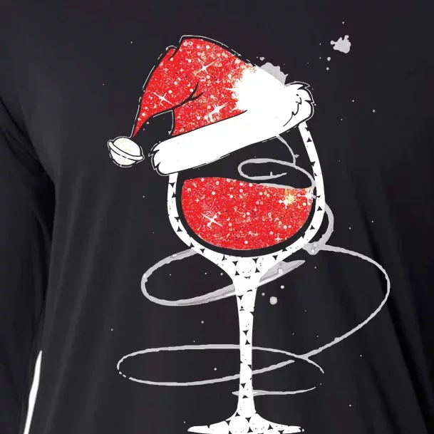 Red Wine Glass Christmas Funny Santa Hat Xmas Gift VNeck Cooling Performance Long Sleeve Crew