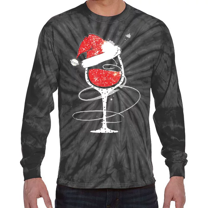 Red Wine Glass Christmas Funny Santa Hat Xmas Gift VNeck Tie-Dye Long Sleeve Shirt