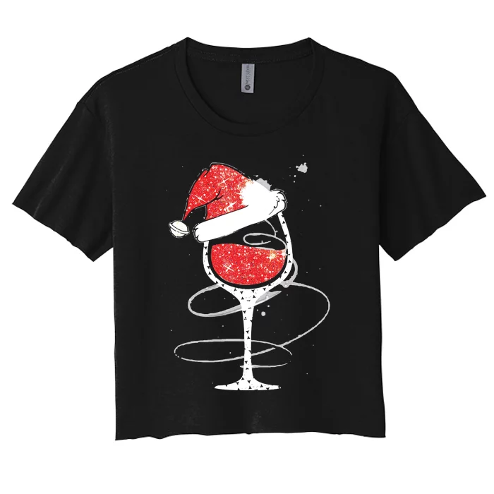 Red Wine Glass Christmas Funny Santa Hat Xmas Gift VNeck Women's Crop Top Tee