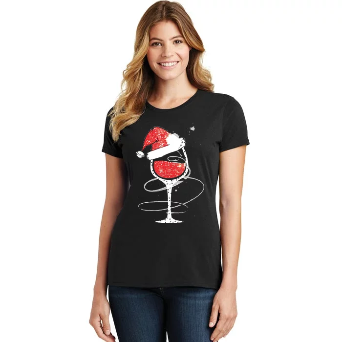 Red Wine Glass Christmas Funny Santa Hat Xmas Gift VNeck Women's T-Shirt