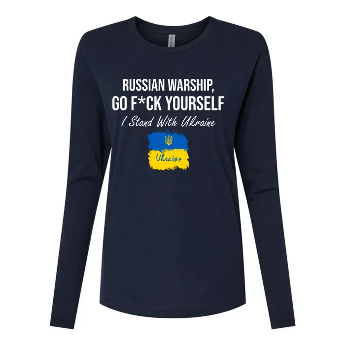 Russian Warship Go F Yourself I Stand With Ukraine Ukrainian Flag Womens Cotton Relaxed Long Sleeve T-Shirt