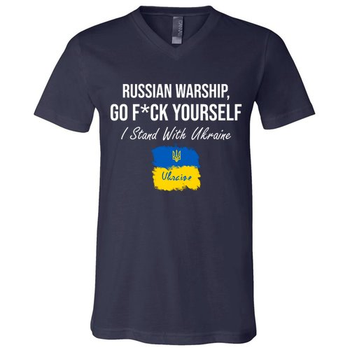 Russian Warship Go F Yourself I Stand With Ukraine Ukrainian Flag V-Neck T-Shirt