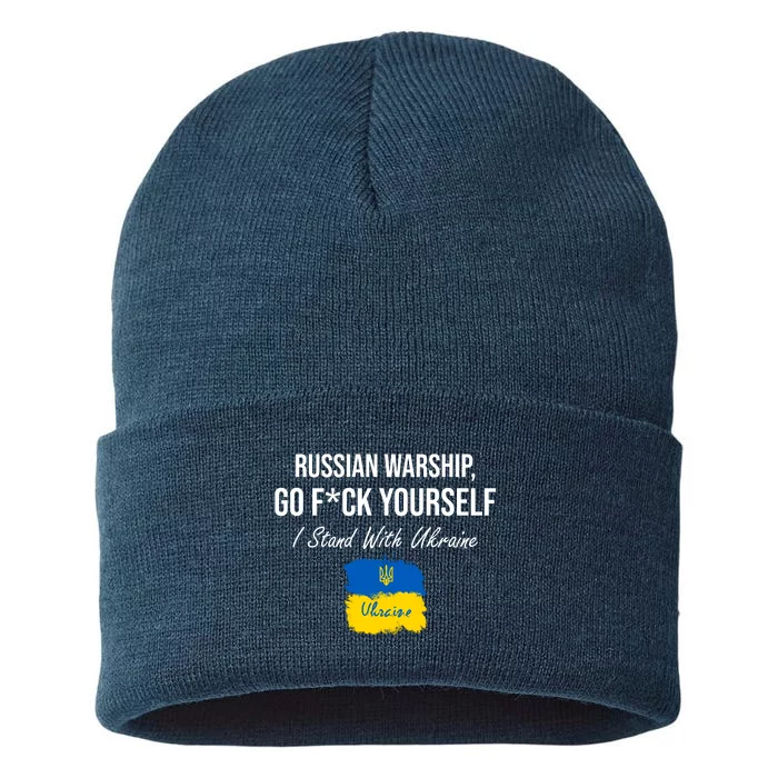 Russian Warship Go F Yourself I Stand With Ukraine Ukrainian Flag Sustainable Knit Beanie