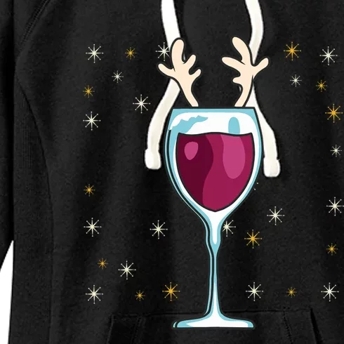 Red Wine Glass With Santa Hat Reindeer Antlers Wine Glass Gift Women's Fleece Hoodie