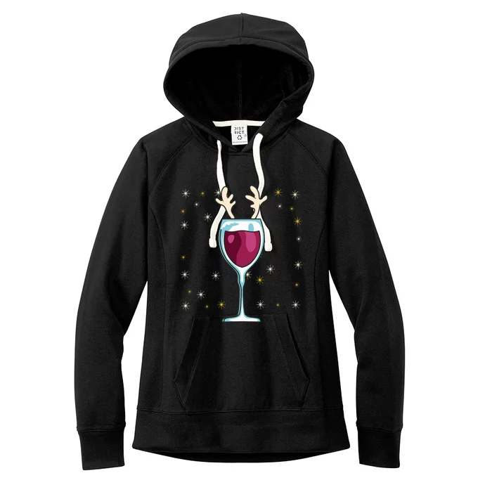 Red Wine Glass With Santa Hat Reindeer Antlers Wine Glass Gift Women's Fleece Hoodie