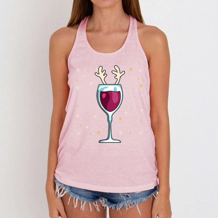 Red Wine Glass With Santa Hat Reindeer Antlers Wine Glass Gift Women's Knotted Racerback Tank