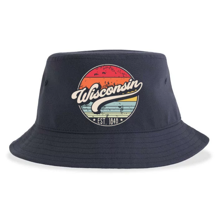 Retro Wisconsin Home State Wi Cool 70s Style Sunset Sustainable Bucket Hat