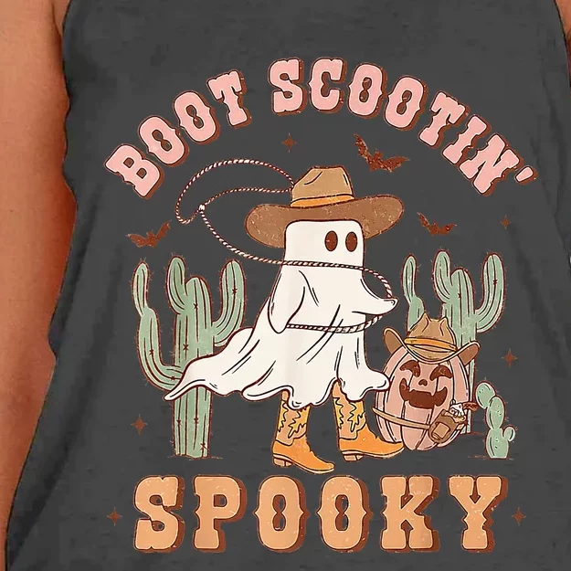 Retro Western Halloween Cow Ghost Boot Scootin Spooky Women's Knotted Racerback Tank