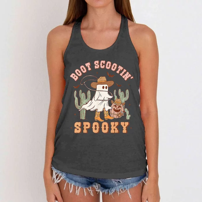 Retro Western Halloween Cow Ghost Boot Scootin Spooky Women's Knotted Racerback Tank