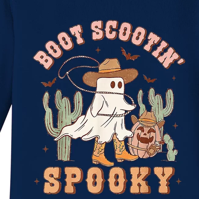 Retro Western Halloween Cow Ghost Boot Scootin Spooky Baby Long Sleeve Bodysuit