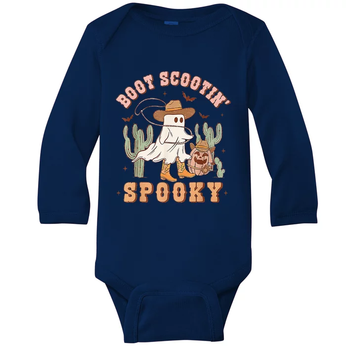 Retro Western Halloween Cow Ghost Boot Scootin Spooky Baby Long Sleeve Bodysuit