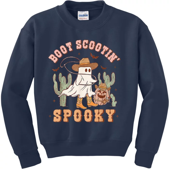 Retro Western Halloween Cow Ghost Boot Scootin Spooky Kids Sweatshirt