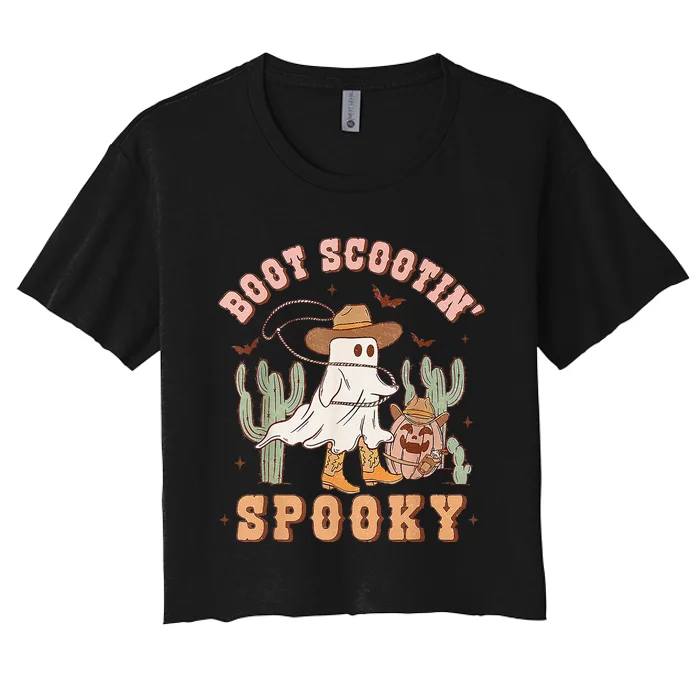 Retro Western Halloween Cowboy Ghost Boot Scootin Spooky Gift Women's Crop Top Tee