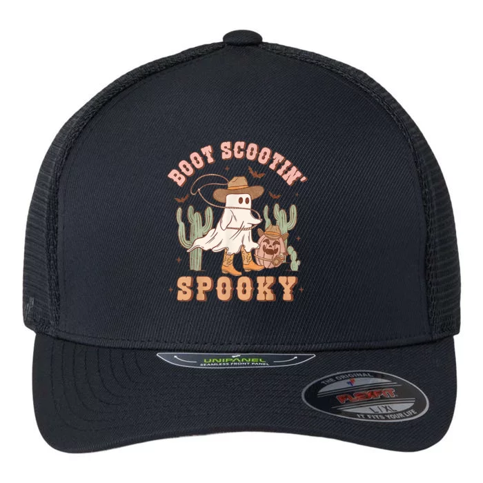 Retro Western Halloween Cowboy Ghost Boot Scootin Spooky Flexfit Unipanel Trucker Cap