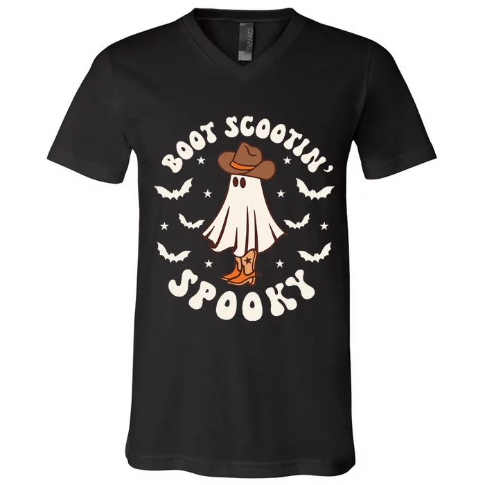 Retro Western Halloween Cute Ghost Funny Boot Scootin Spooky V-Neck T-Shirt