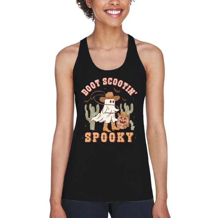 Retro Western Halloween Cowboy Ghost Boot Scootin Spooky Women's Racerback Tank