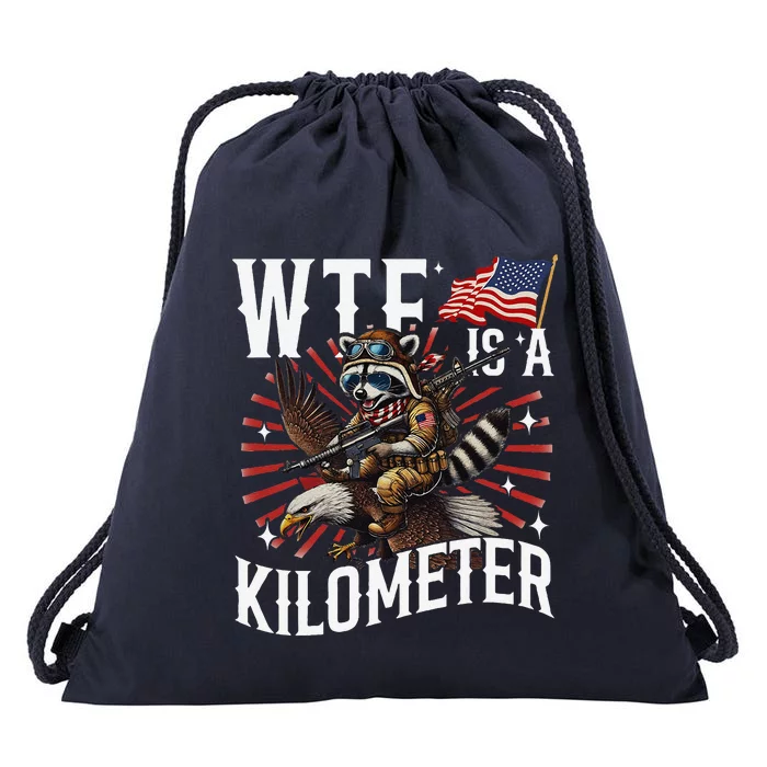 Retro Wtf Is A Kilometer Raccoon Eagle Drawstring Bag