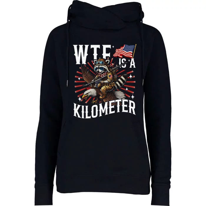 Retro Wtf Is A Kilometer Raccoon Eagle Womens Funnel Neck Pullover Hood