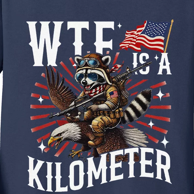 Retro Wtf Is A Kilometer Raccoon Eagle Kids Long Sleeve Shirt