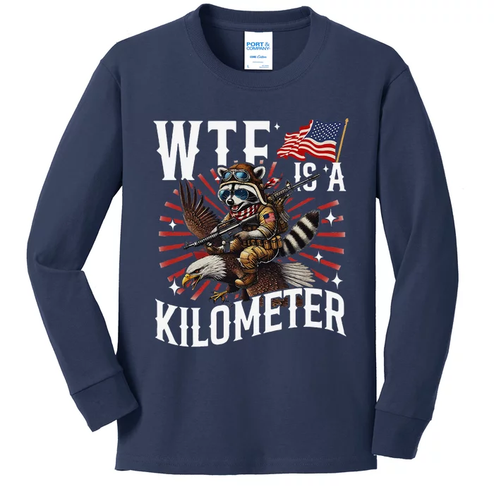 Retro Wtf Is A Kilometer Raccoon Eagle Kids Long Sleeve Shirt