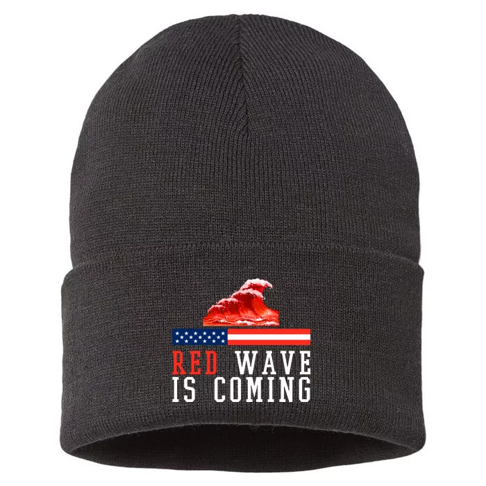 Red Wave Is Coming American Flag Conservative Sustainable Knit Beanie