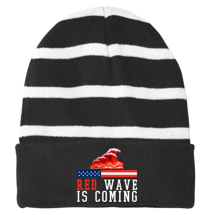 Red Wave Is Coming American Flag Conservative Striped Beanie with Solid Band