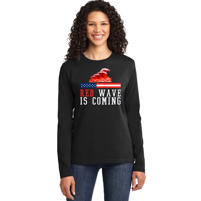 Red Wave Is Coming American Flag Conservative Ladies Long Sleeve Shirt