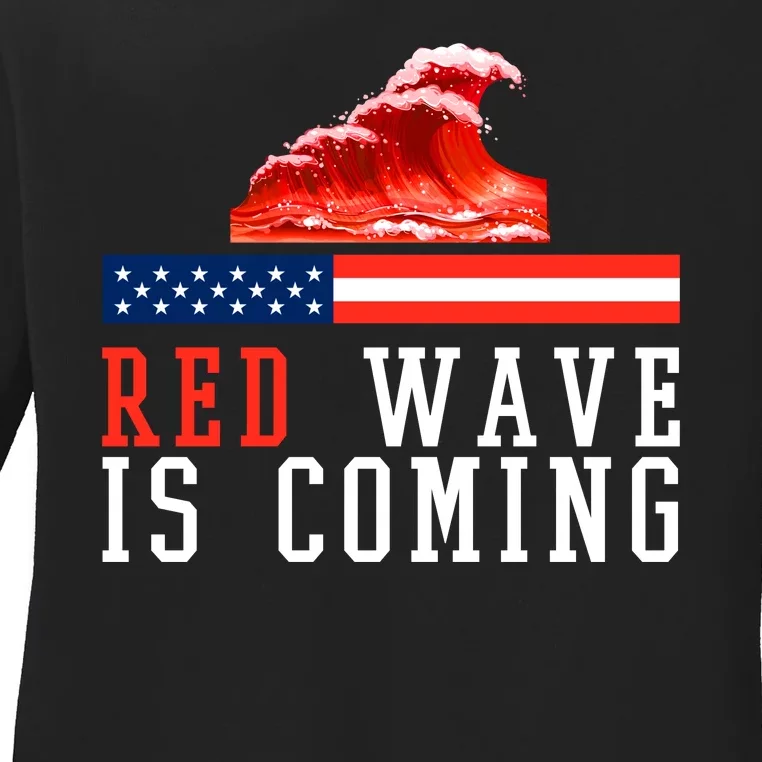 Red Wave Is Coming American Flag Conservative Ladies Long Sleeve Shirt