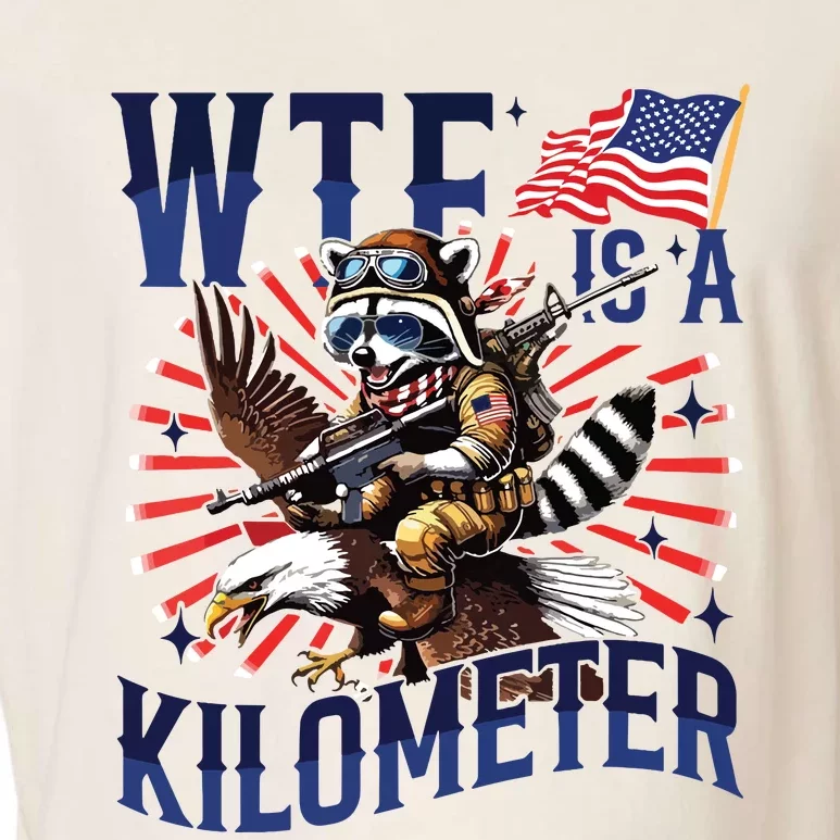 Retro Wtf Is A Kilometer Raccoon Eagle American 4th Of July Garment-Dyed Women's Muscle Tee