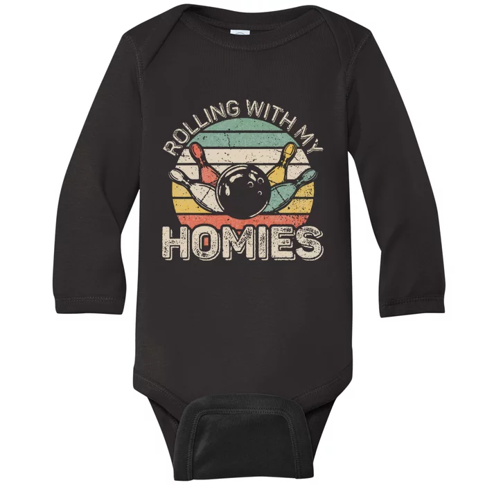 Rolling With My Homies Retro Bowling Bowler Baby Long Sleeve Bodysuit