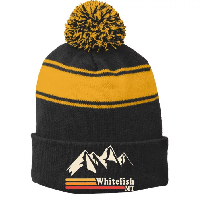 Retro Whitefish Montana Rocky Mountains Ski Stripe Pom Pom Beanie