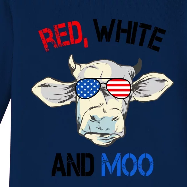 Red White Moo Usa American Cow Patriotic 4th Of July Meaningful Gift Baby Long Sleeve Bodysuit