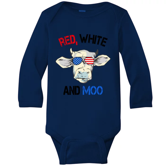 Red White Moo Usa American Cow Patriotic 4th Of July Meaningful Gift Baby Long Sleeve Bodysuit