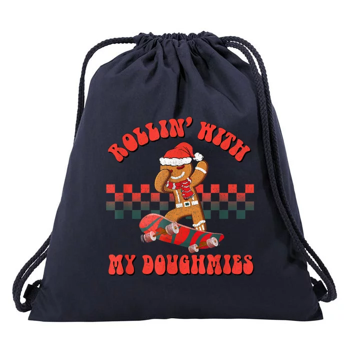 Rollin With My Doughmies Skateboarding Gingerbread Christmas Meaningful Gift Drawstring Bag