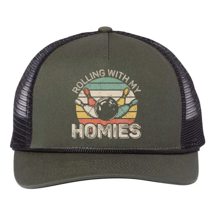 Rolling With My Homies Retro Bowling Bowler Team Funny Retro Rope Trucker Hat Cap