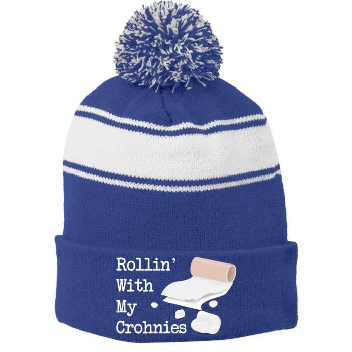 Rollin With My Crohnies Funny Crohn's Disease Awareness Cute Gift Stripe Pom Pom Beanie