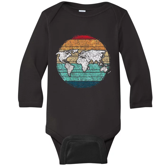 Retro World Map Baby Long Sleeve Bodysuit