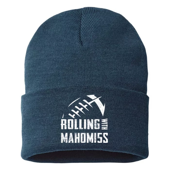 Rolling With Mahomes KC Football Sports Distressed Vintage Sustainable Knit Beanie